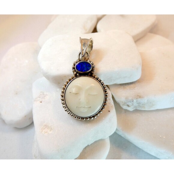 VTG Sterling Silver Carved Moon Face Pendant With Australian Opal Goddess - Picture 2 of 5